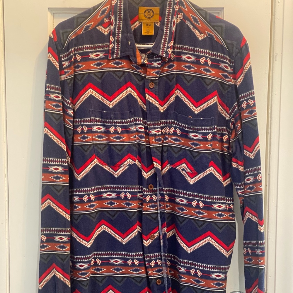 Blue/RedWhite Mens M Button Up Long Sleeve Shirt